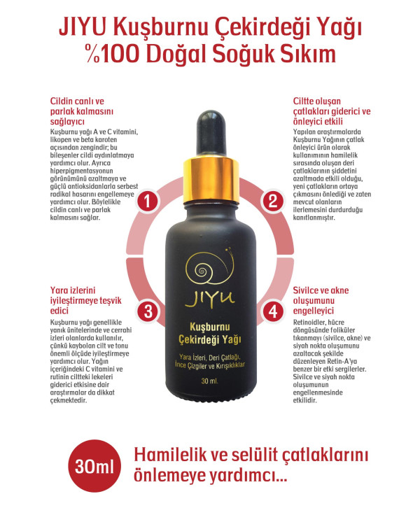 Jiyu Kuşburnu Çekirdeği Yağı %100 Doğal Vegan Soğuk Sıkım 30 ml.