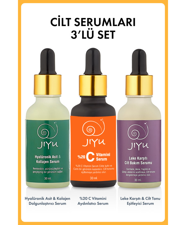 Jiyu Yaşlanma ve Kırışıklık Karşıtı 3'lü Cilt Serum Seti Hyalüronik Asit ve Kolajen Serum + C Vitamini Serum + Leke Karşıtı Serum 3x30 ml.