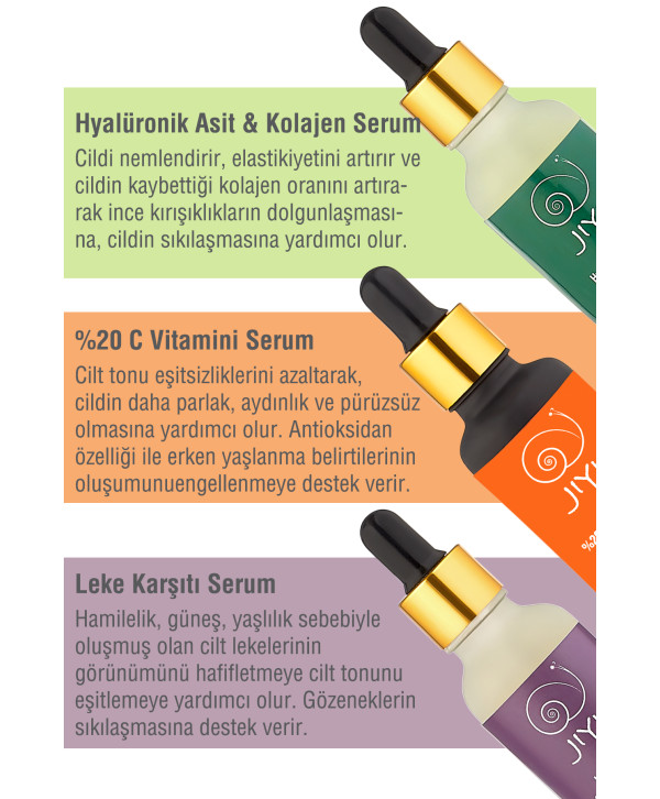 Jiyu Yaşlanma ve Kırışıklık Karşıtı 3'lü Cilt Serum Seti Hyalüronik Asit ve Kolajen Serum + C Vitamini Serum + Leke Karşıtı Serum 3x30 ml.