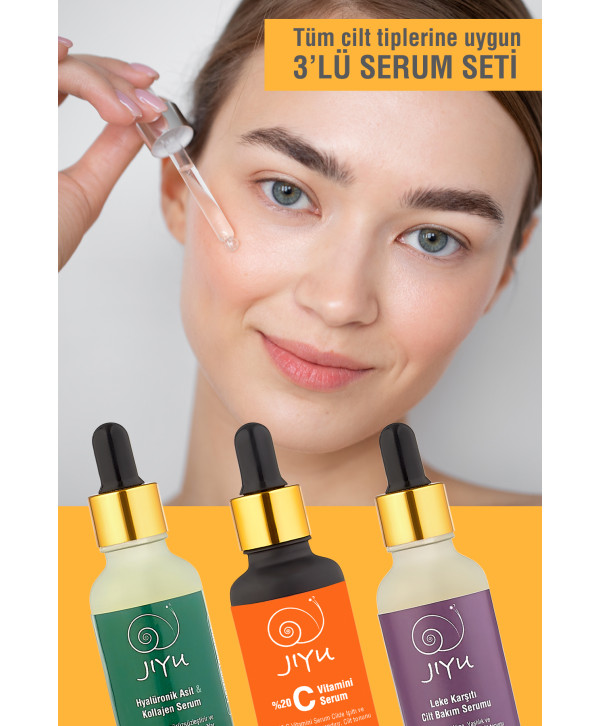 Jiyu Yaşlanma ve Kırışıklık Karşıtı 3'lü Cilt Serum Seti Hyalüronik Asit ve Kolajen Serum + C Vitamini Serum + Leke Karşıtı Serum 3x30 ml.