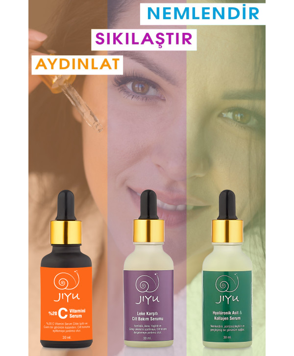 Jiyu Yaşlanma ve Kırışıklık Karşıtı 3'lü Cilt Serum Seti Hyalüronik Asit ve Kolajen Serum + C Vitamini Serum + Leke Karşıtı Serum 3x30 ml.