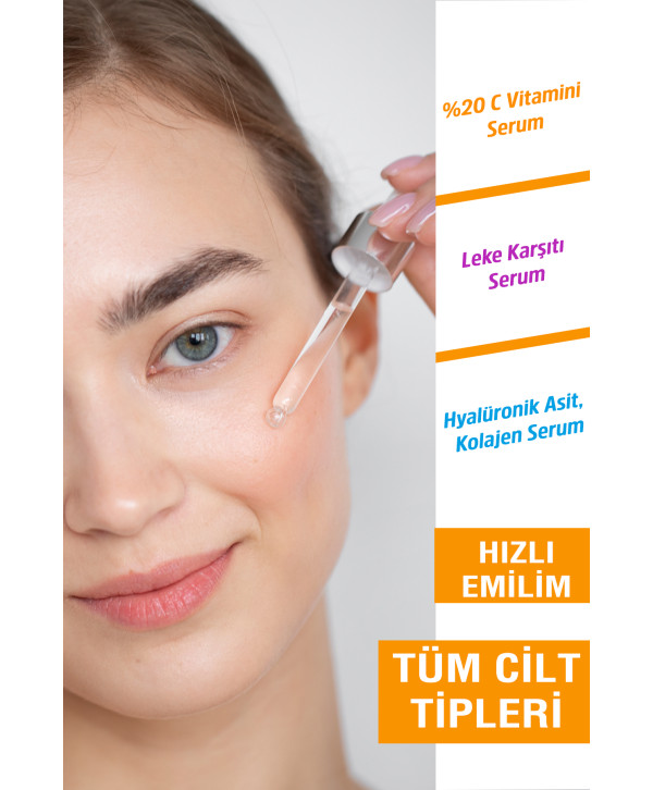 Jiyu Yaşlanma ve Kırışıklık Karşıtı 3'lü Cilt Serum Seti Hyalüronik Asit ve Kolajen Serum + C Vitamini Serum + Leke Karşıtı Serum 3x30 ml.